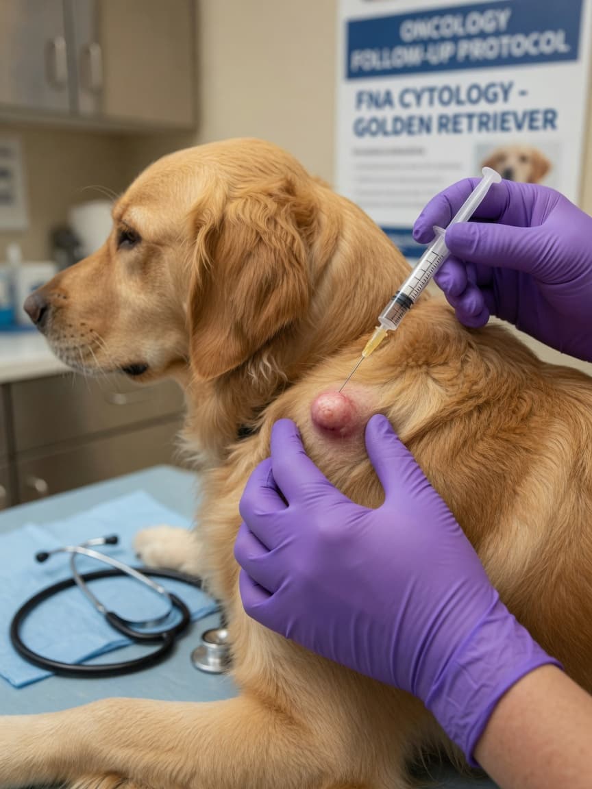 Veterinary oncologist performing fine-needle aspiration on a suspicious skin lesion on a golden retriever's shoulder during examination