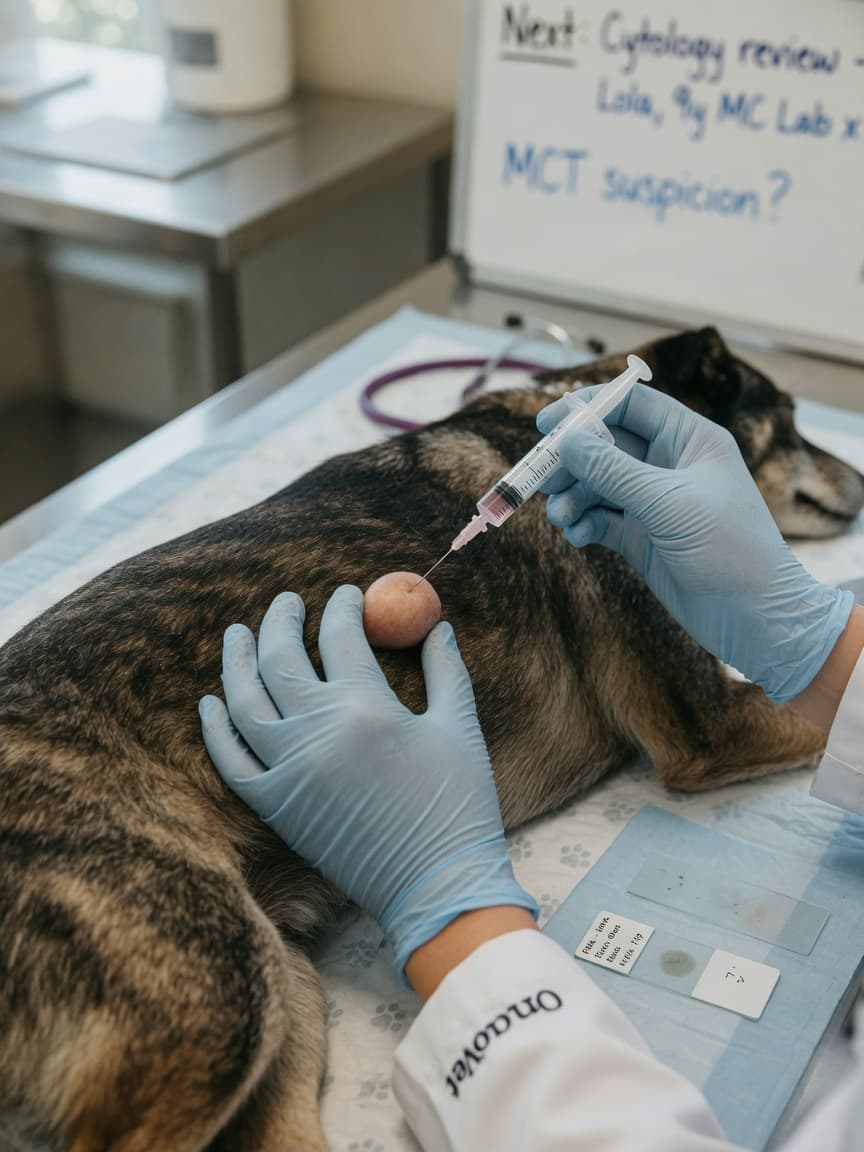 Veterinarian performing a fine needle aspirate on a dog's skin mass for mast cell tumour diagnosis