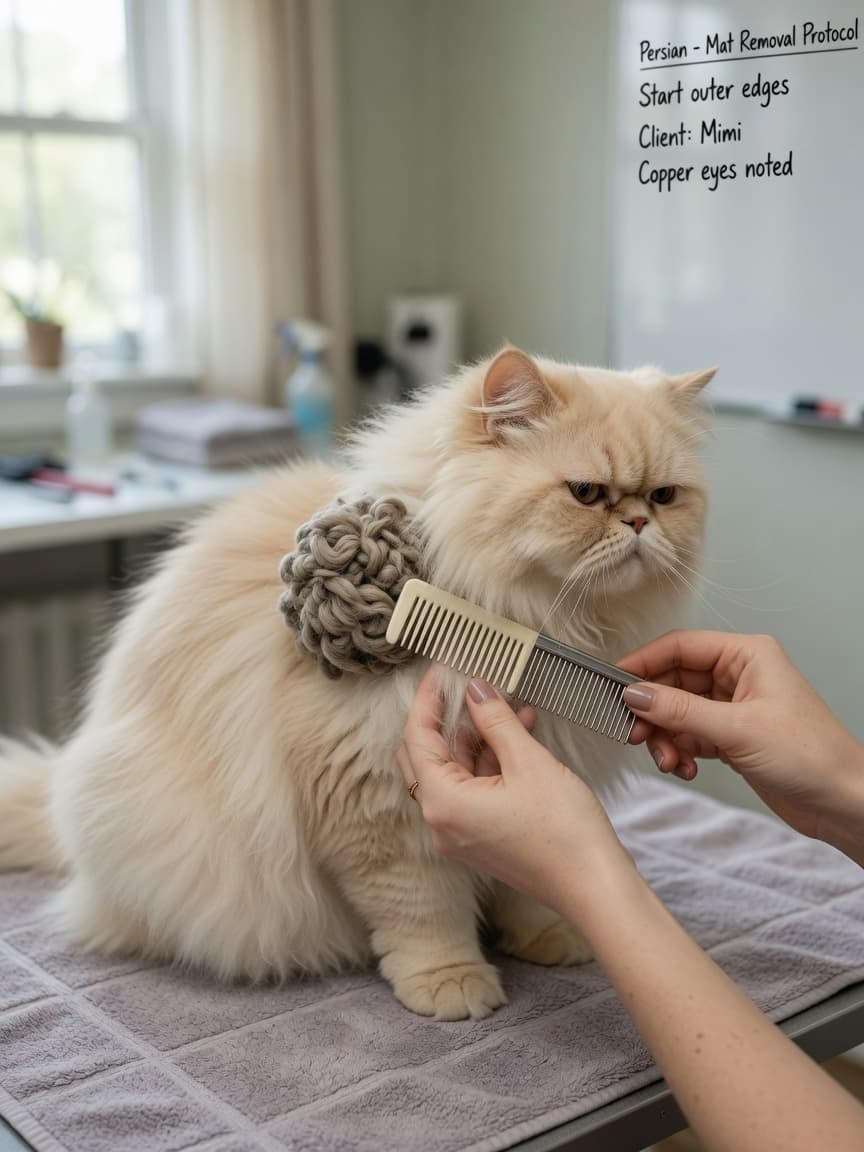 Professional groomer carefully combing out a mat from a long-haired Persian cat's coat using proper technique on a grooming table