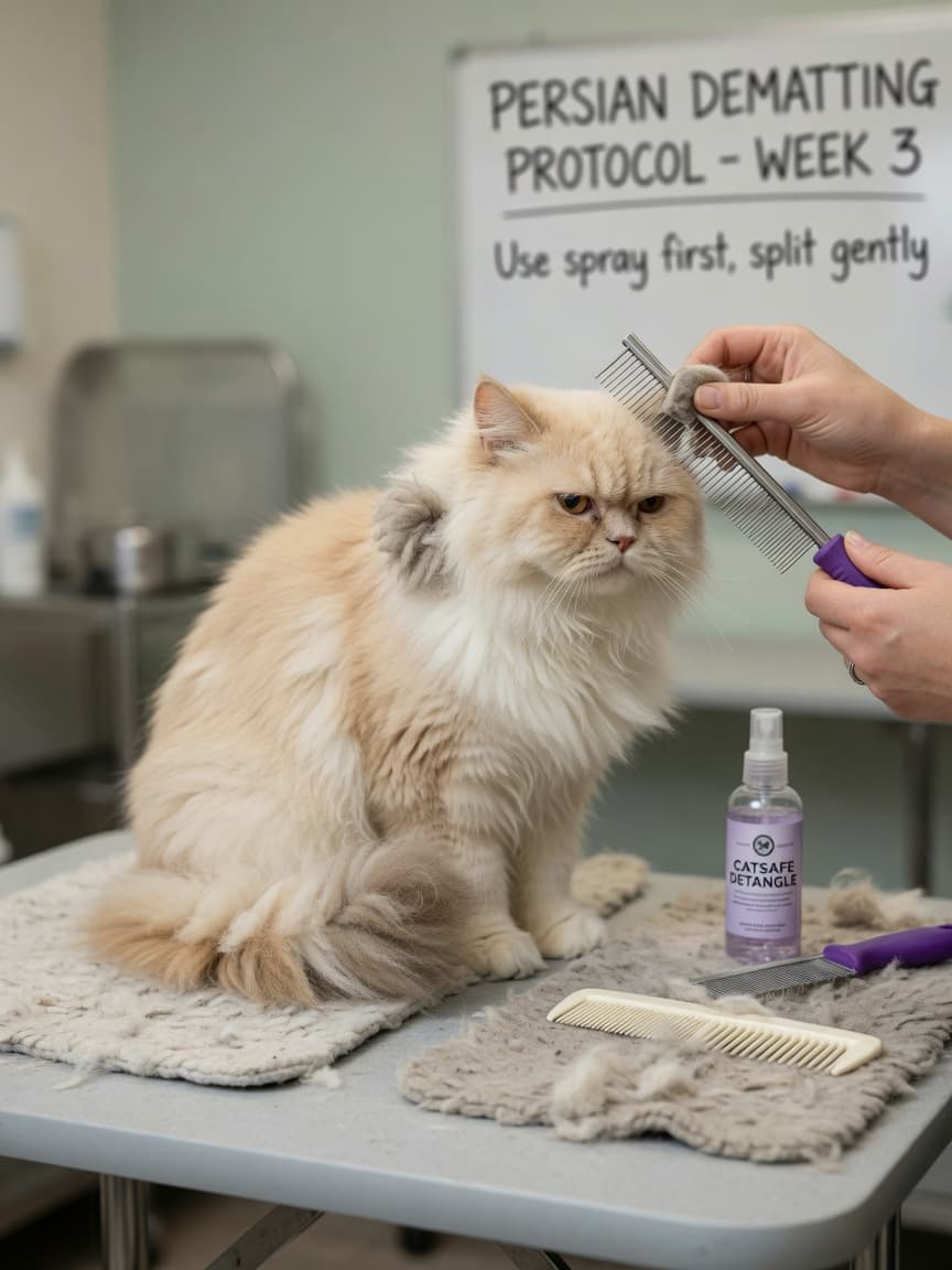 Professional groomer using a mat splitter and dematting comb on a long-haired Persian cat with visible matted fur, with detangling spray nearby on the grooming table