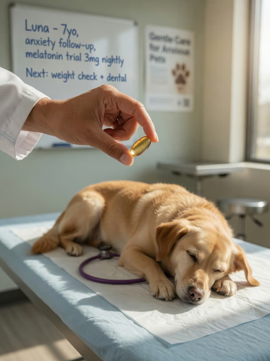 Veterinarian's hand holding a melatonin capsule above a resting dog on an examination table