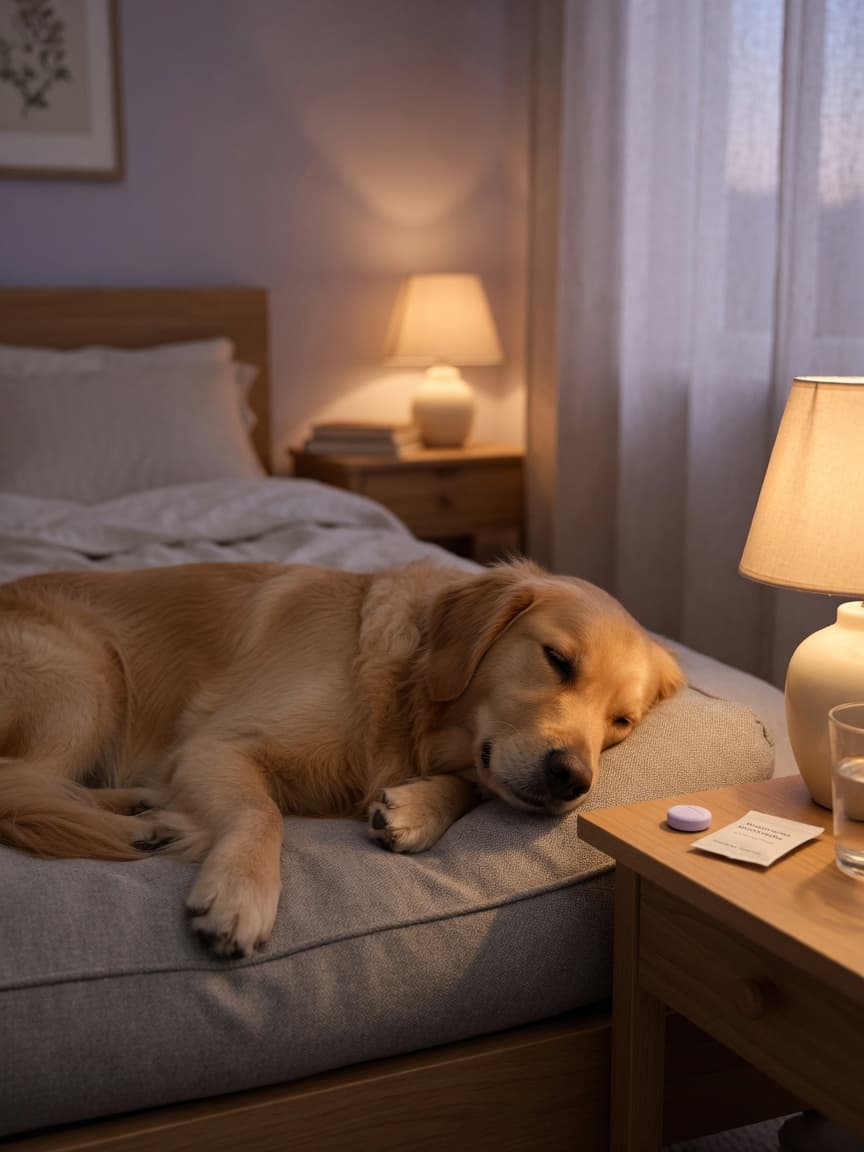 Calm golden retriever falling asleep on a soft bed in warm lamplight, representing melatonin's sedative effect for dogs