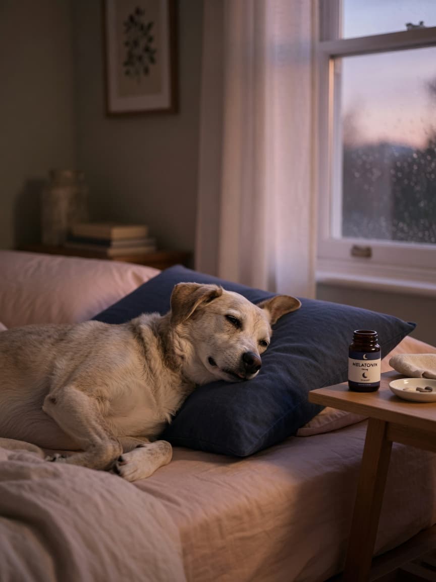 A peaceful dog resting on a soft bed in evening light, with a melatonin supplement bottle on a nearby table, illustrating sleep support for dogs.