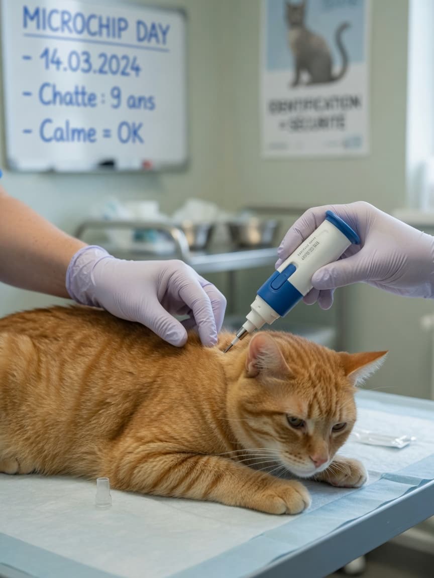 Veterinary professional implanting a microchip into a tabby cat's neck during a calm procedure