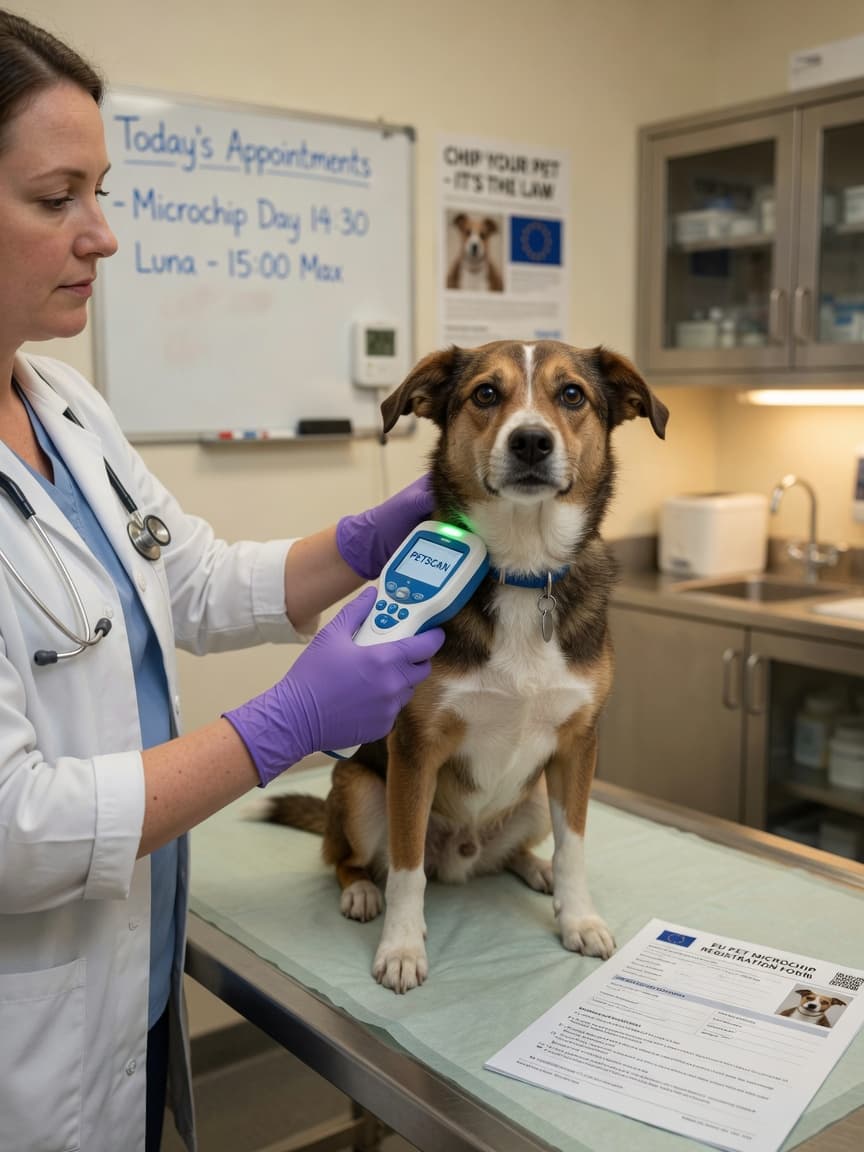 Veterinarian scanning a microchip on a dog's neck during a clinic visit