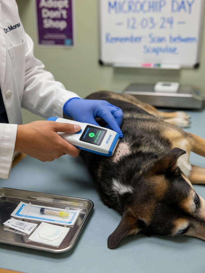 Veterinarian scanning a microchip on a dog's shoulder using a handheld microchip scanner