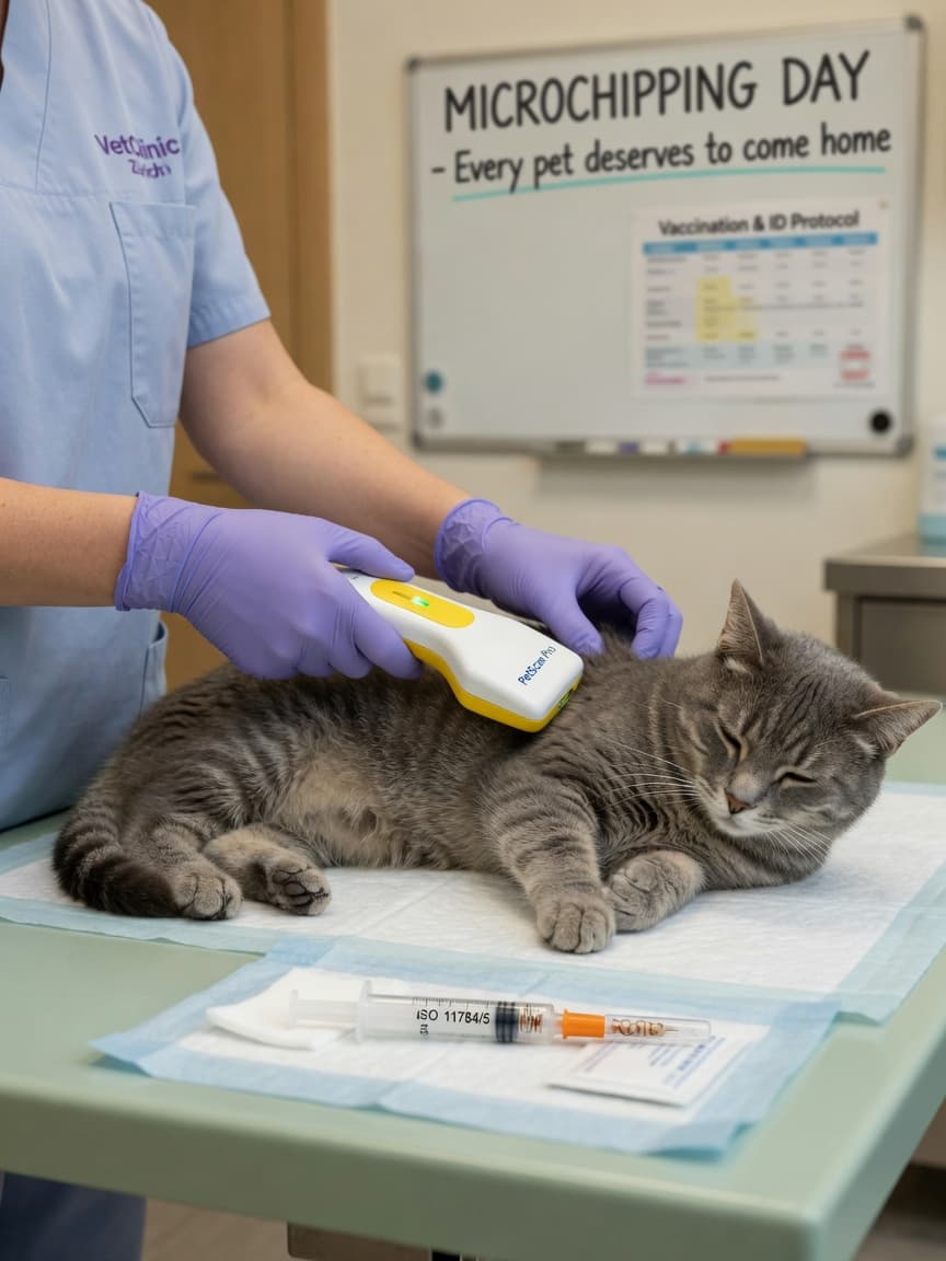 Veterinarian scanning a cat's microchip at the shoulder blade area during examination