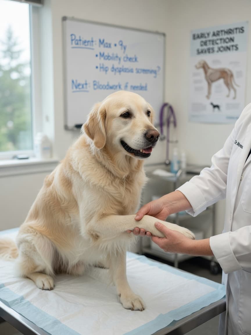 Middle-aged golden retriever undergoing orthopedic joint assessment by veterinarian