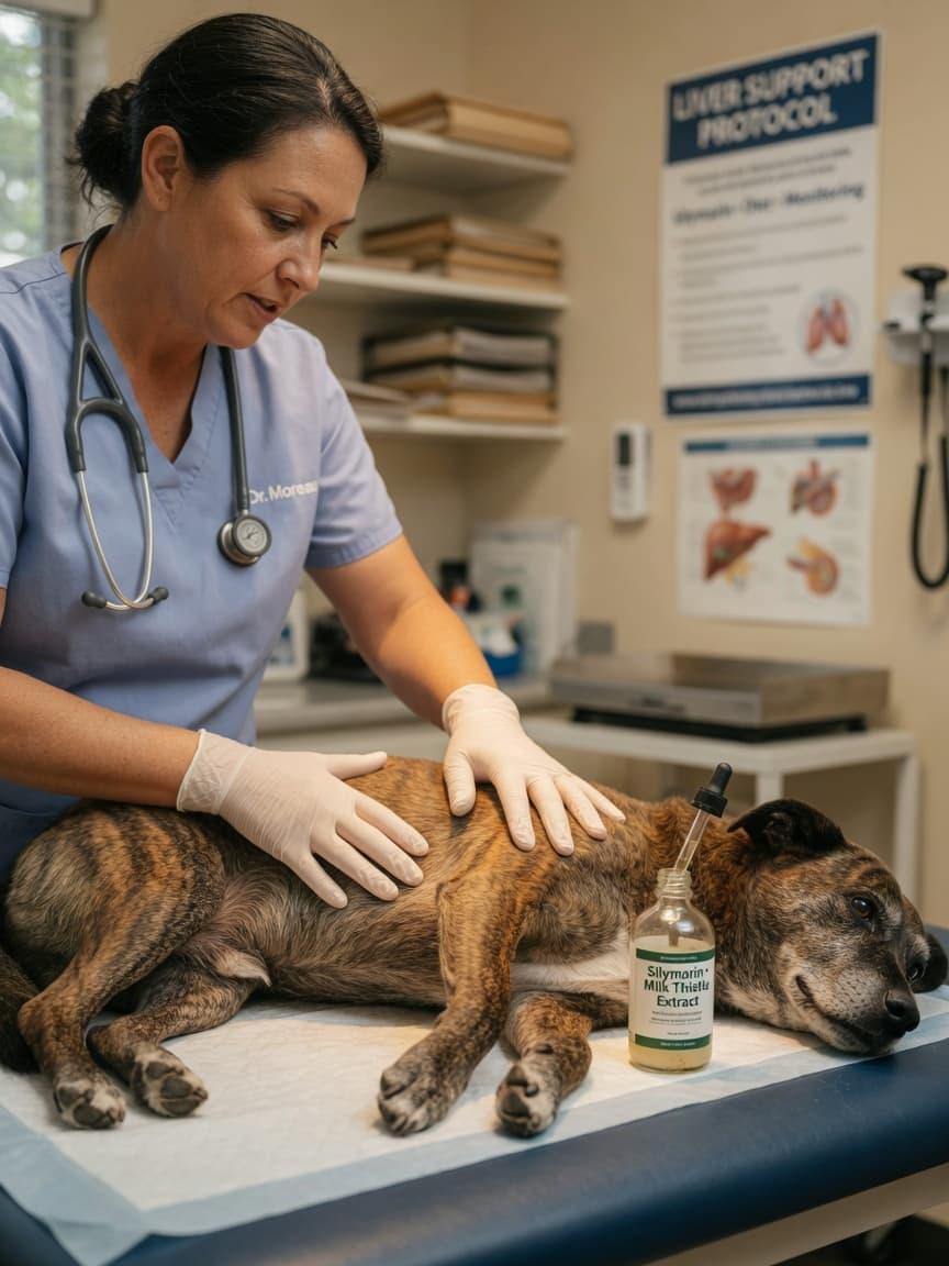 Veterinarian examining a dog's abdomen during a liver health consultation with milk thistle supplement bottle visible on the examination table