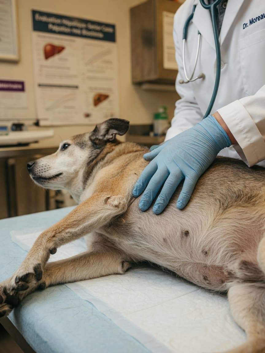 Veterinarian examining a senior dog's abdomen during liver health evaluation