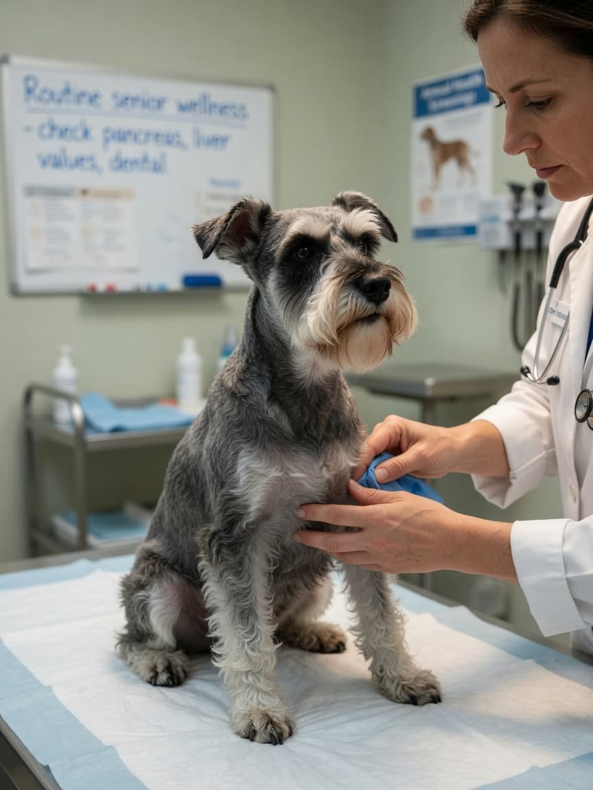 Miniature Schnauzer undergoing veterinary abdominal examination for pancreatitis evaluation