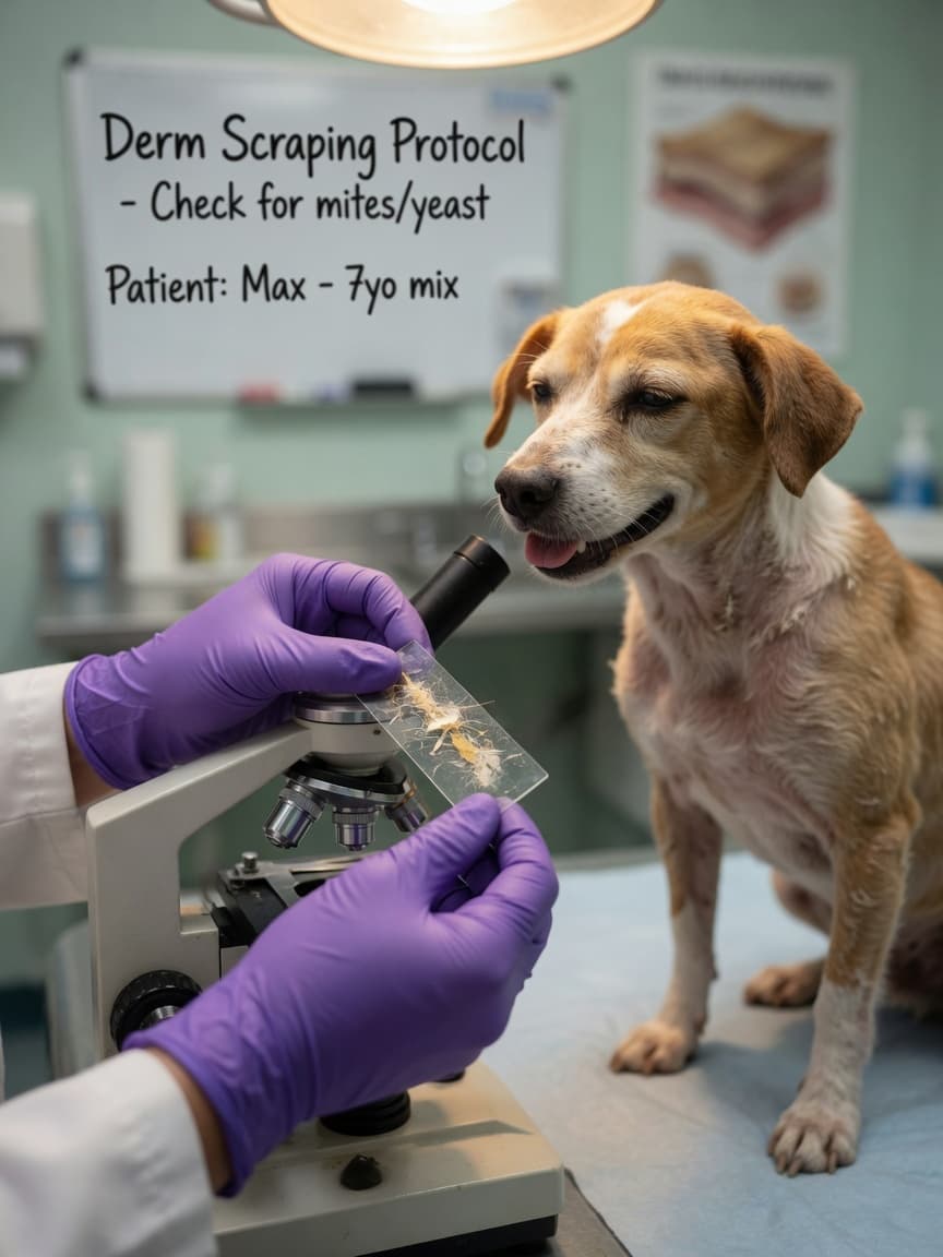 Veterinarian examining a skin scraping under microscope to diagnose mite infestation in dog