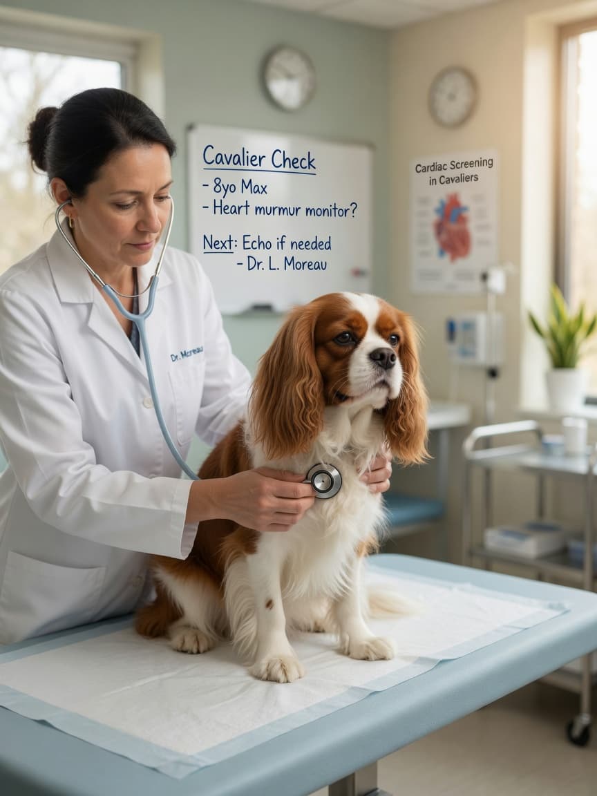 Veterinarian using stethoscope to examine a Cavalier King Charles Spaniel's heart during cardiac examination