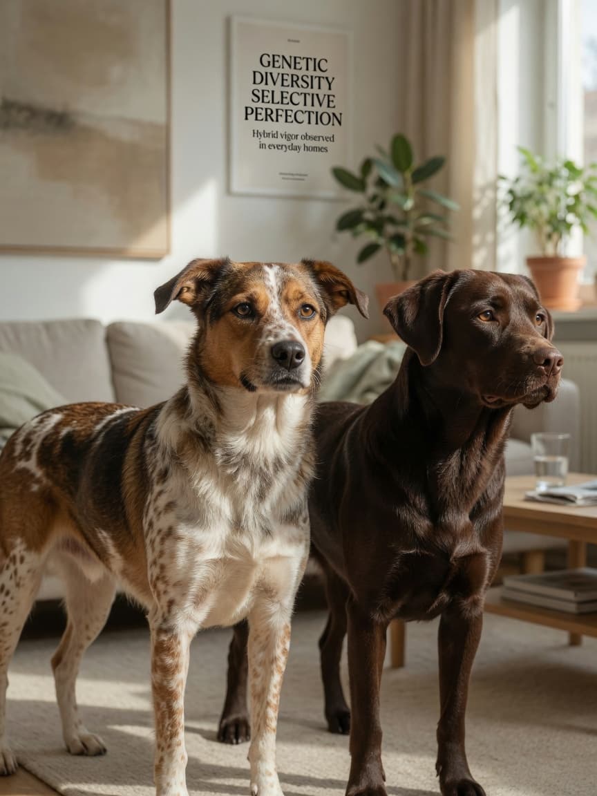 A healthy mixed-breed dog with tri-color coat standing beside a purebred dog in bright natural light, representing the comparison between hybrid vigor and selective breeding.