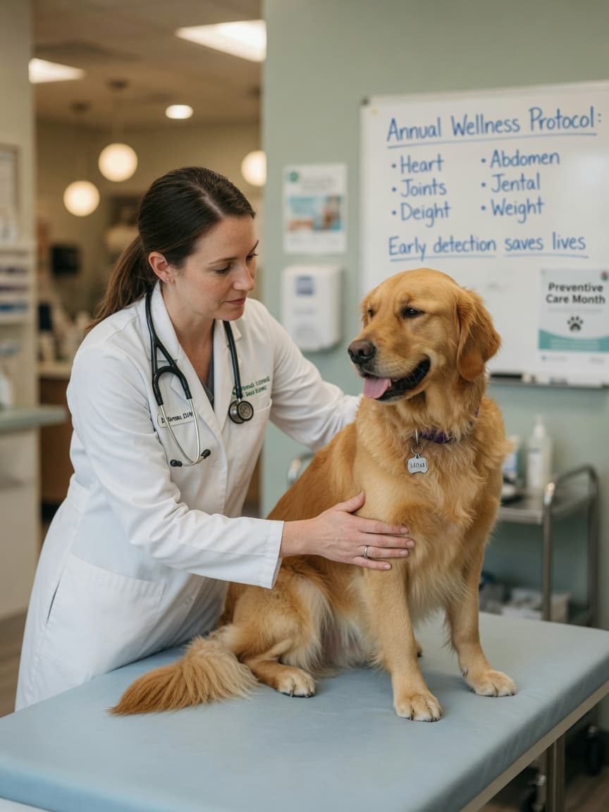Veterinarian performing annual health examination on a golden retriever during preventive wellness check