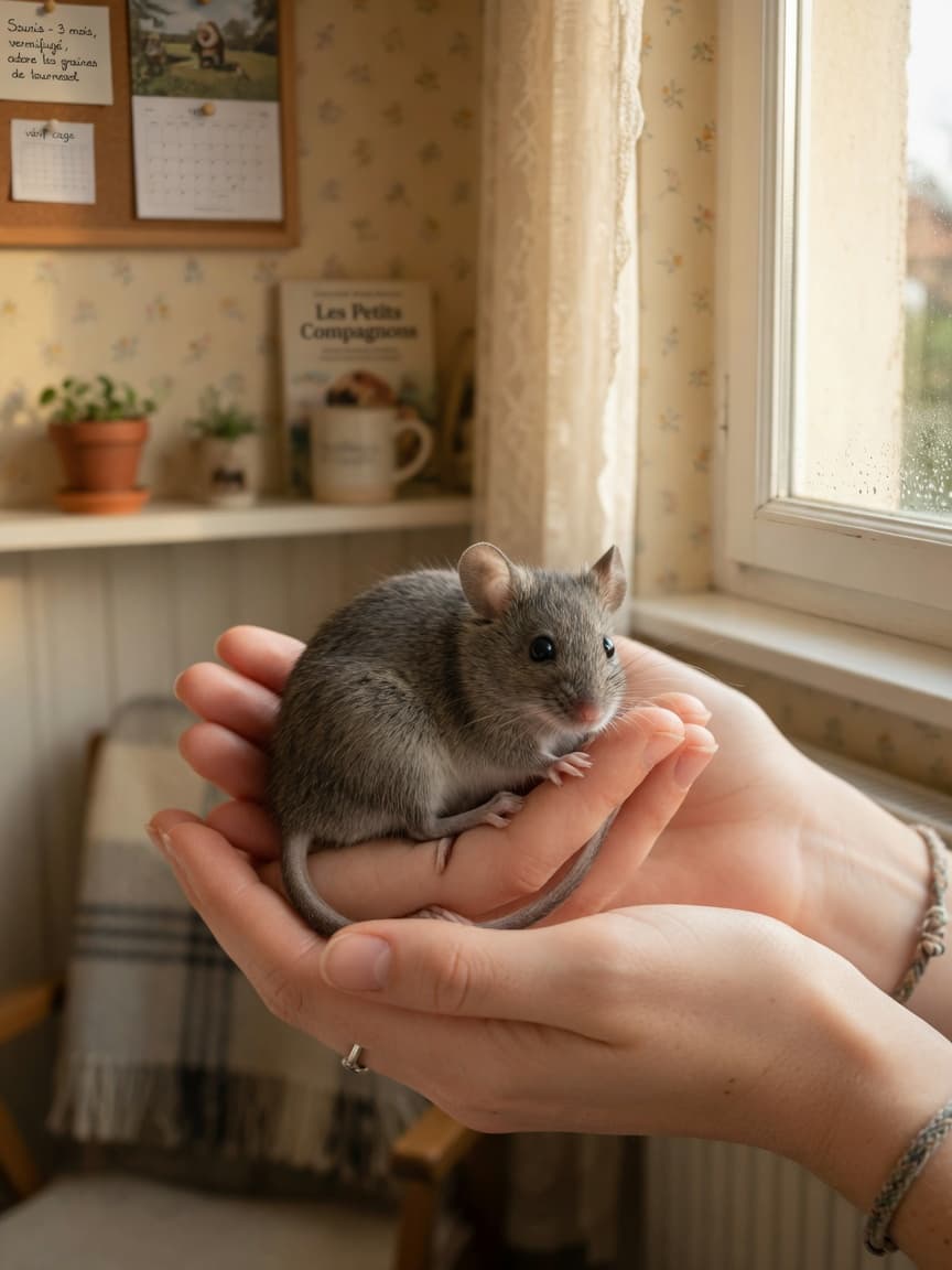 A gentle hand holding a friendly pet mouse, showing the social bond between owner and animal
