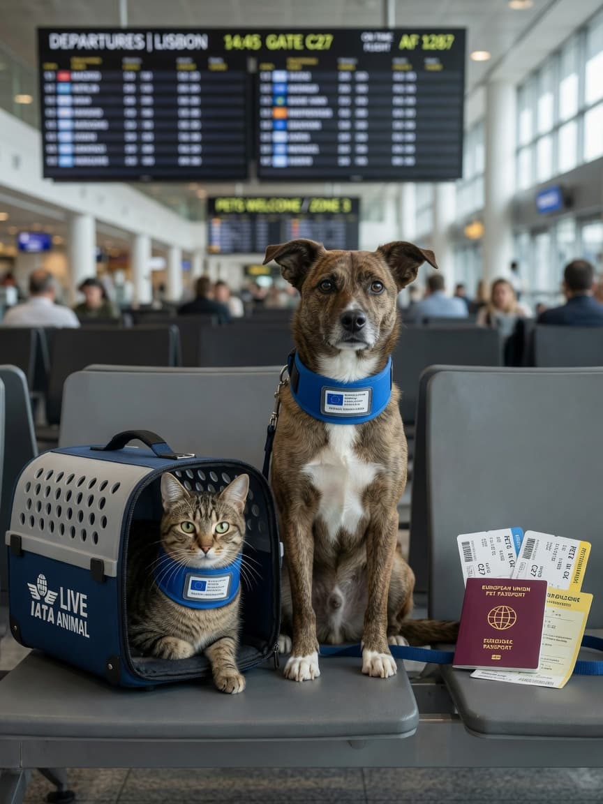 Dog and cat traveling together in airport departure lounge with pet passport and IATA carrier