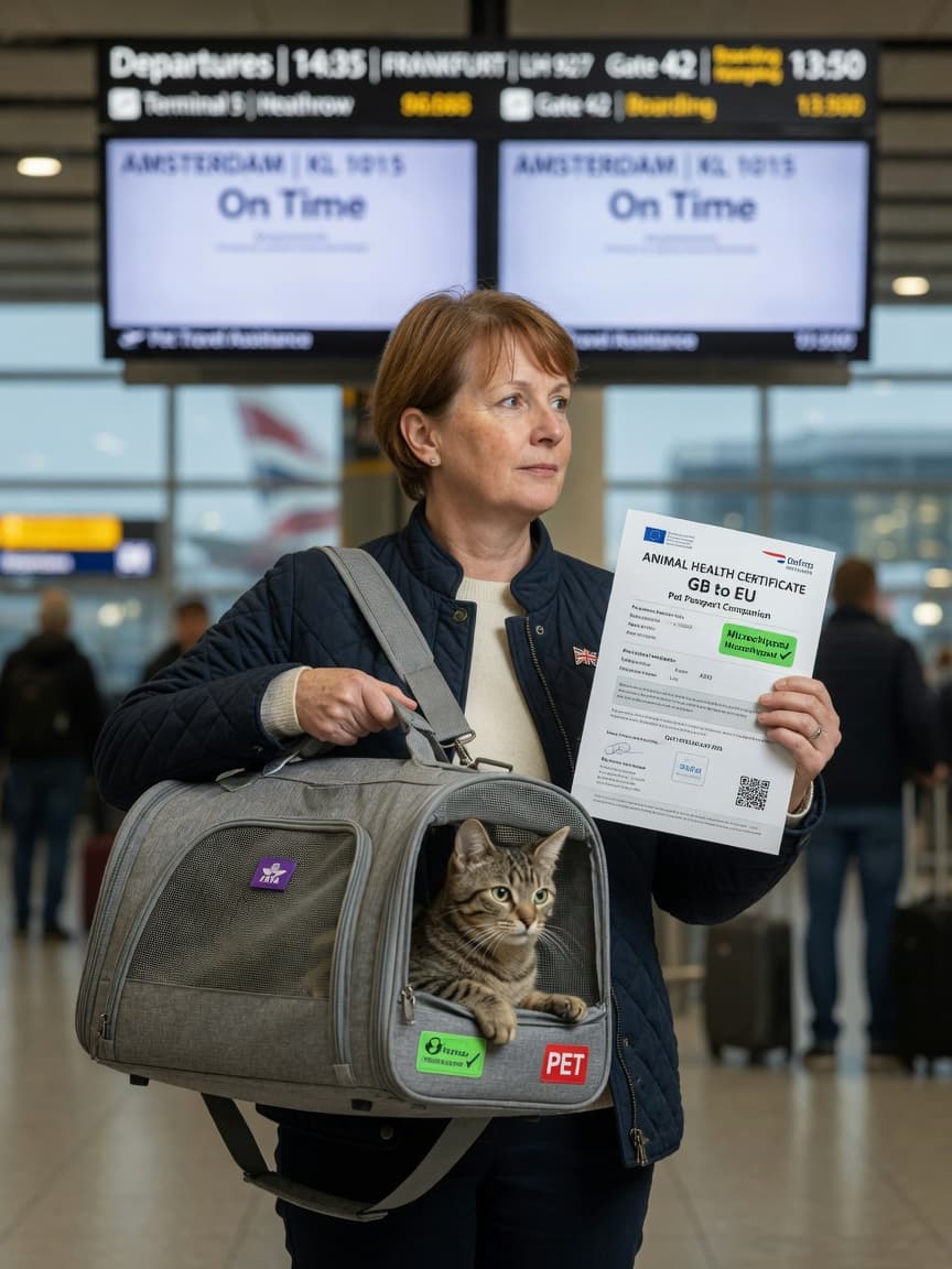 Pet owner at airport terminal with carrier and Animal Health Certificate documentation ready for international travel