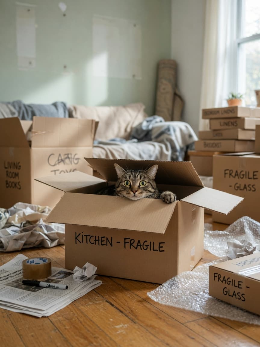 Anxious tabby cat hiding inside a cardboard moving box among packed boxes during house relocation