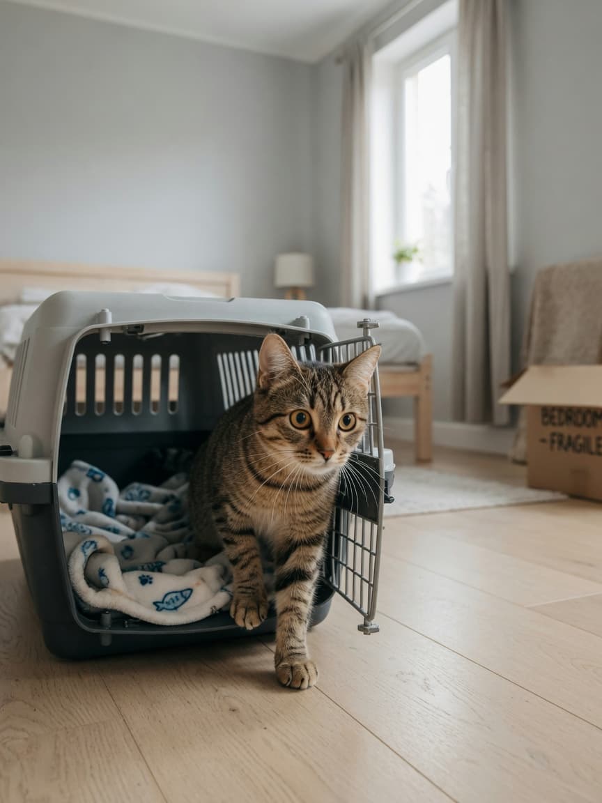 Tabby cat cautiously emerging from open pet carrier in a bare bedroom during house move