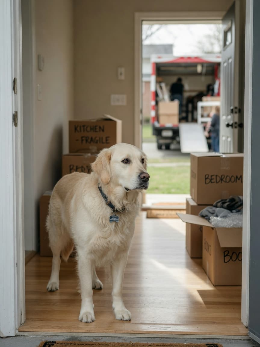 Anxious golden retriever standing in the doorway of a new home surrounded by cardboard moving boxes