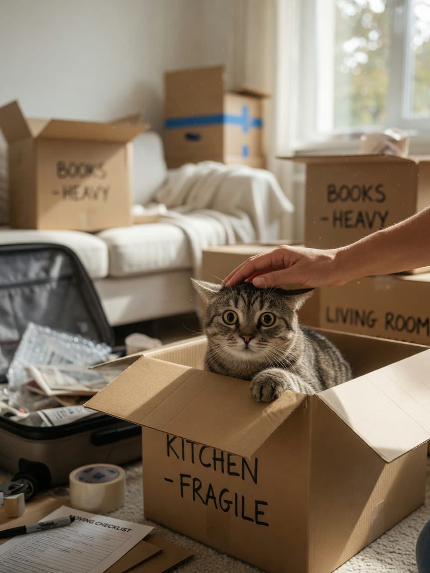 Anxious cat in cardboard moving box surrounded by packed boxes with owner's gentle hand reassuring it