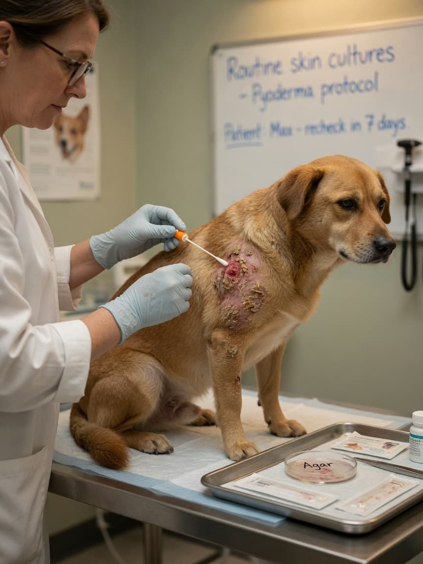 Veterinarian collecting a bacterial culture sample from an infected skin lesion on a dog's shoulder in a clinical setting