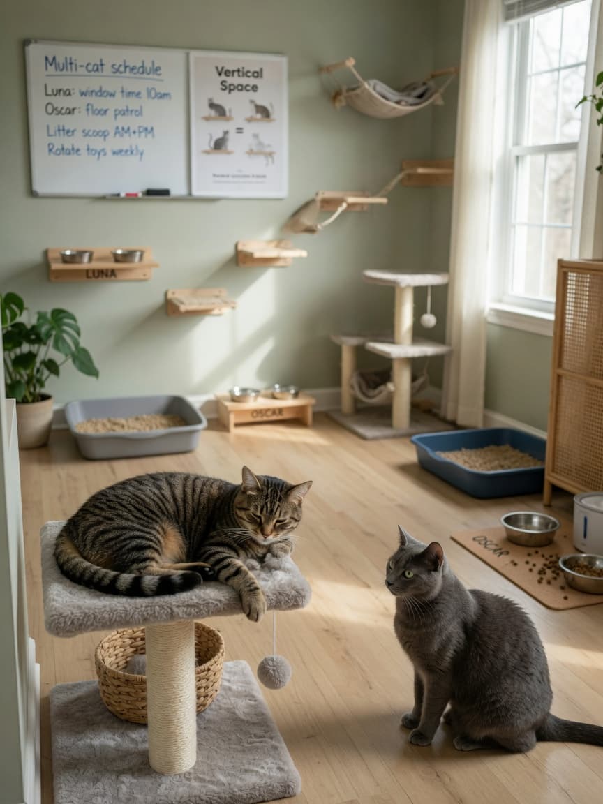 Two cats in a well-organized multi-cat household with separate resources, elevated perches, and vertical space creating harmony