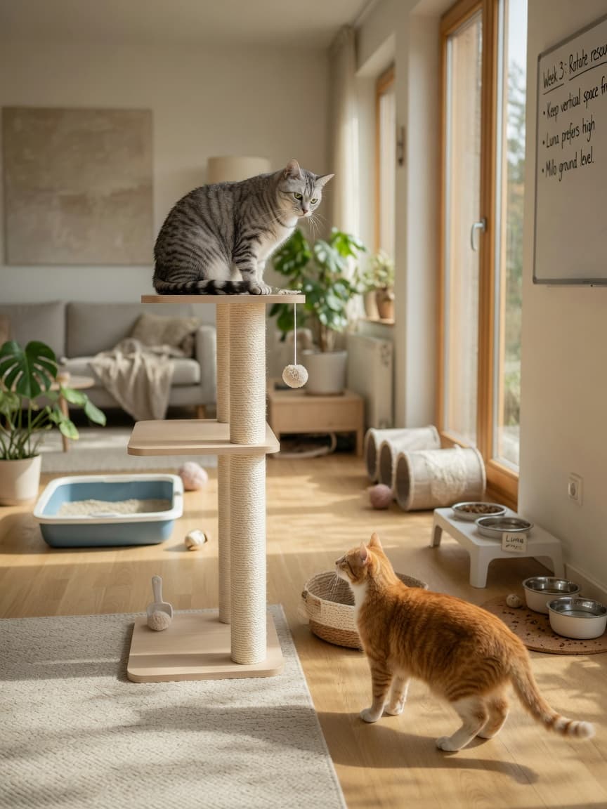 Two cats demonstrating vertical separation in a multi-cat household, one on elevated perch and one on floor, showing proper resource distribution and reduced conflict.