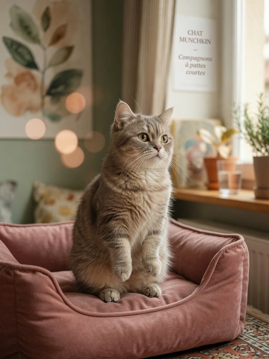 A friendly Munchkin cat with short legs and grey tabby coat sitting on a soft bed in natural light, showing the breed's characteristic short-legged body type.