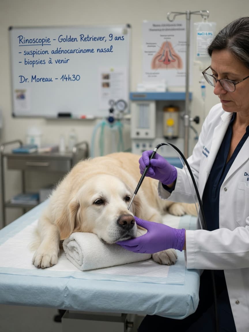 Veterinary oncologist performing rhinoscopy on a middle-aged Golden Retriever to diagnose nasal tumour