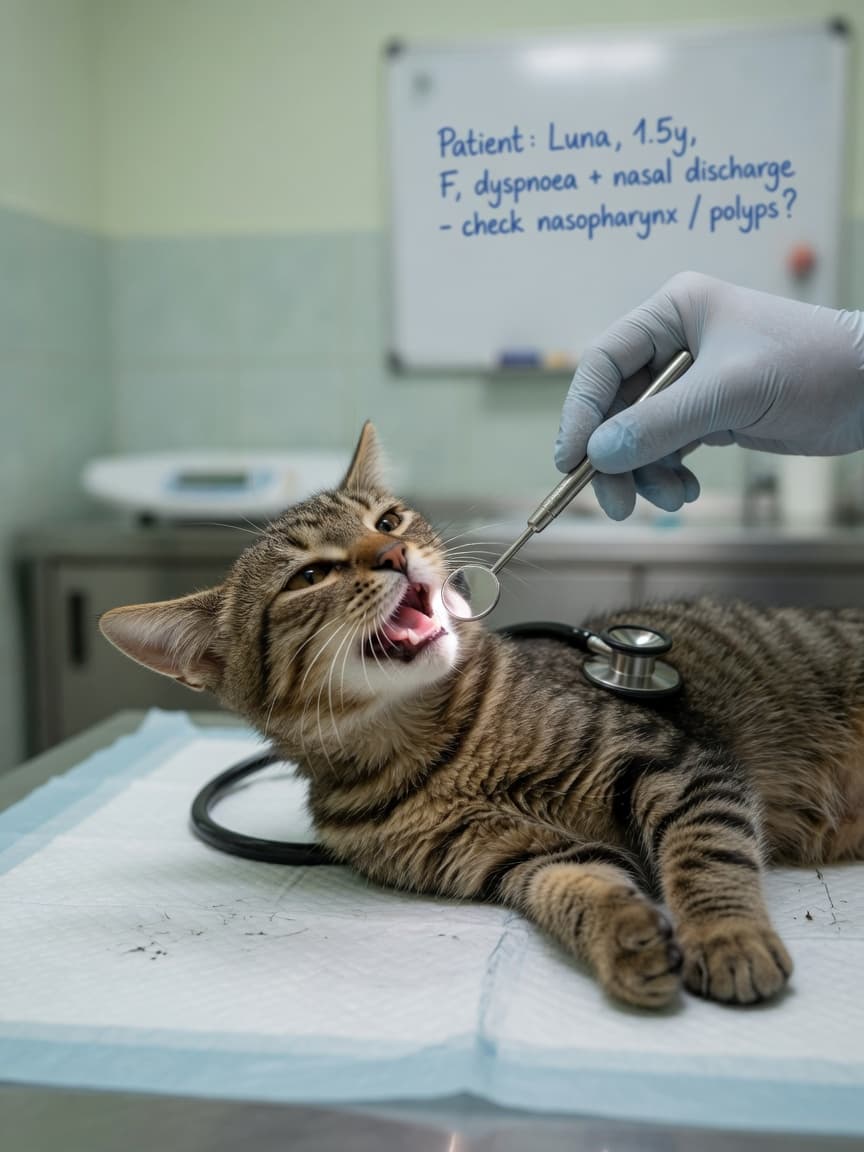 Young tabby cat undergoing throat examination by veterinarian using dental mirror to assess nasopharyngeal area