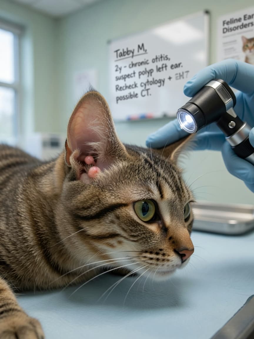 Veterinarian performing otoscopic examination of a young tabby cat's ear during nasopharyngeal polyp investigation