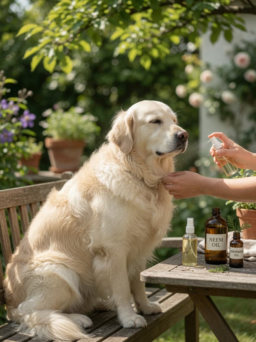 Golden retriever being treated with natural flea prevention oil spray by owner in sunlit garden with bottles visible