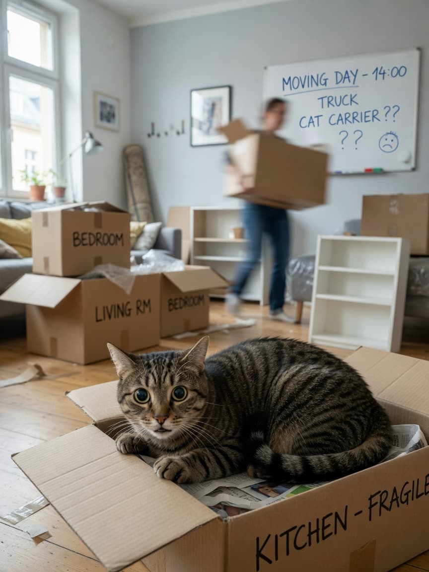 Stressed tabby cat with flattened ears hiding in a cardboard box during a house move