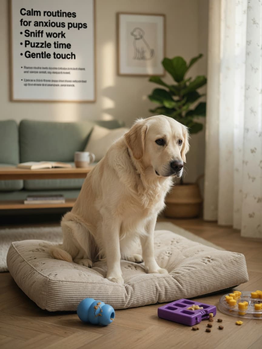 Anxious golden retriever on a dog bed with puzzle toys nearby, illustrating natural anxiety management