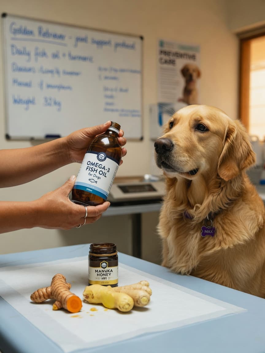 Veterinarian with fish oil supplement and natural remedy ingredients beside a healthy Golden Retriever during examination