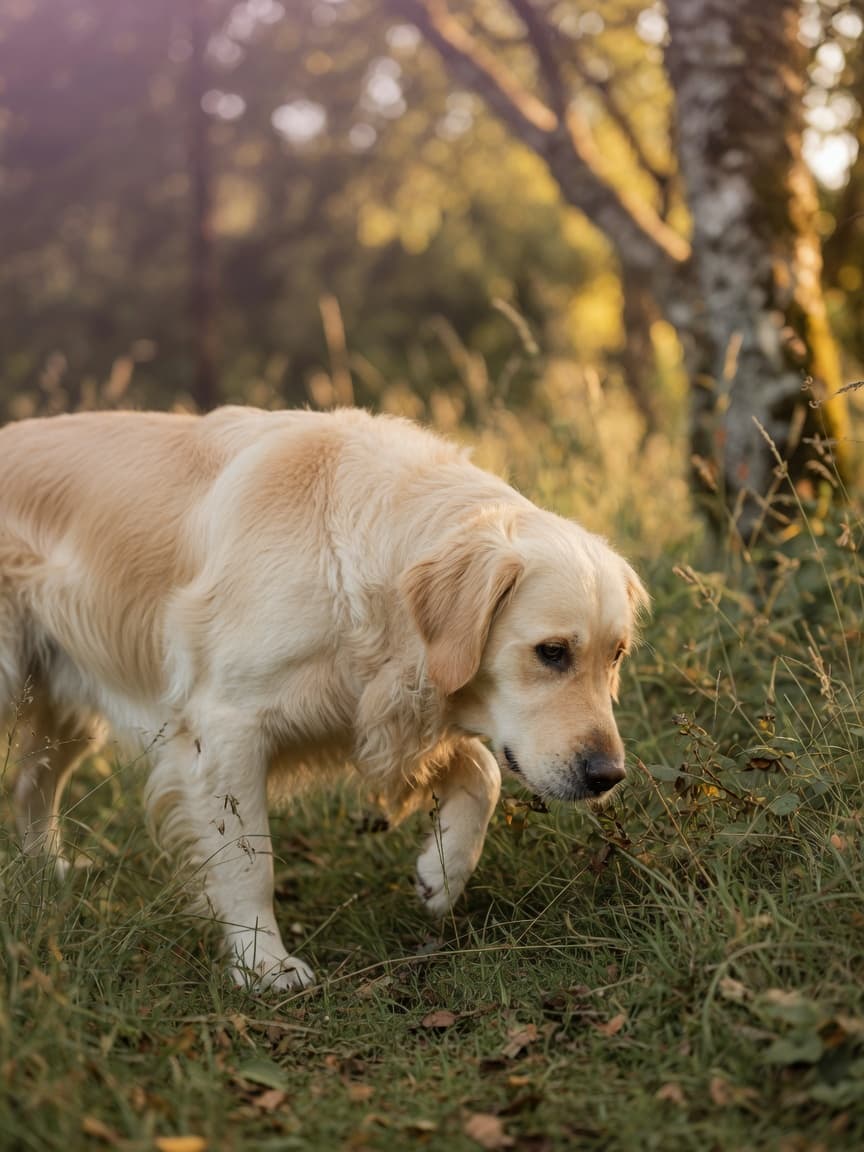 Golden retriever sniffing ground in tall grass and woodland where ticks might be present
