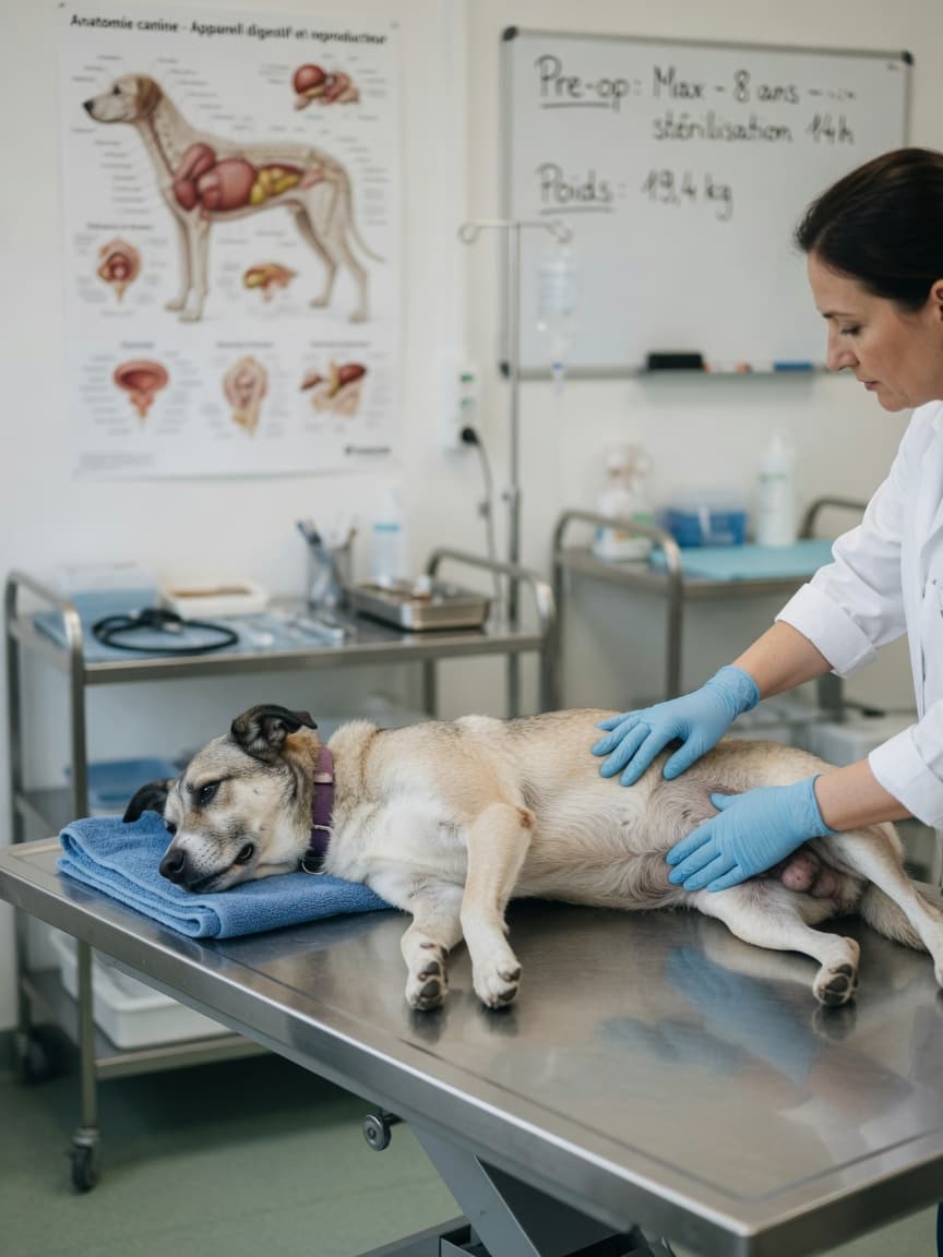 Male dog undergoing pre-operative examination at a European veterinary clinic before neutering surgery