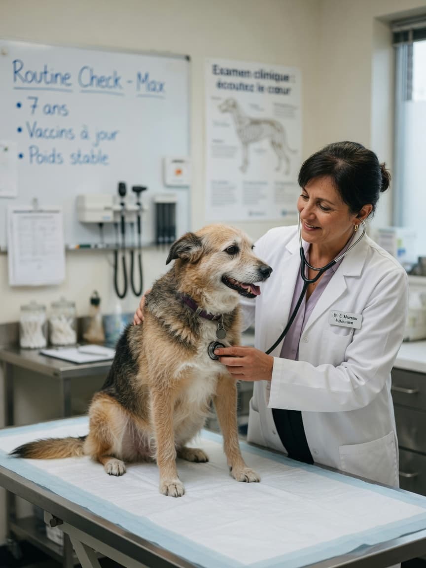 Veterinarian examining a calm male dog on a vet table during a neutering consultation