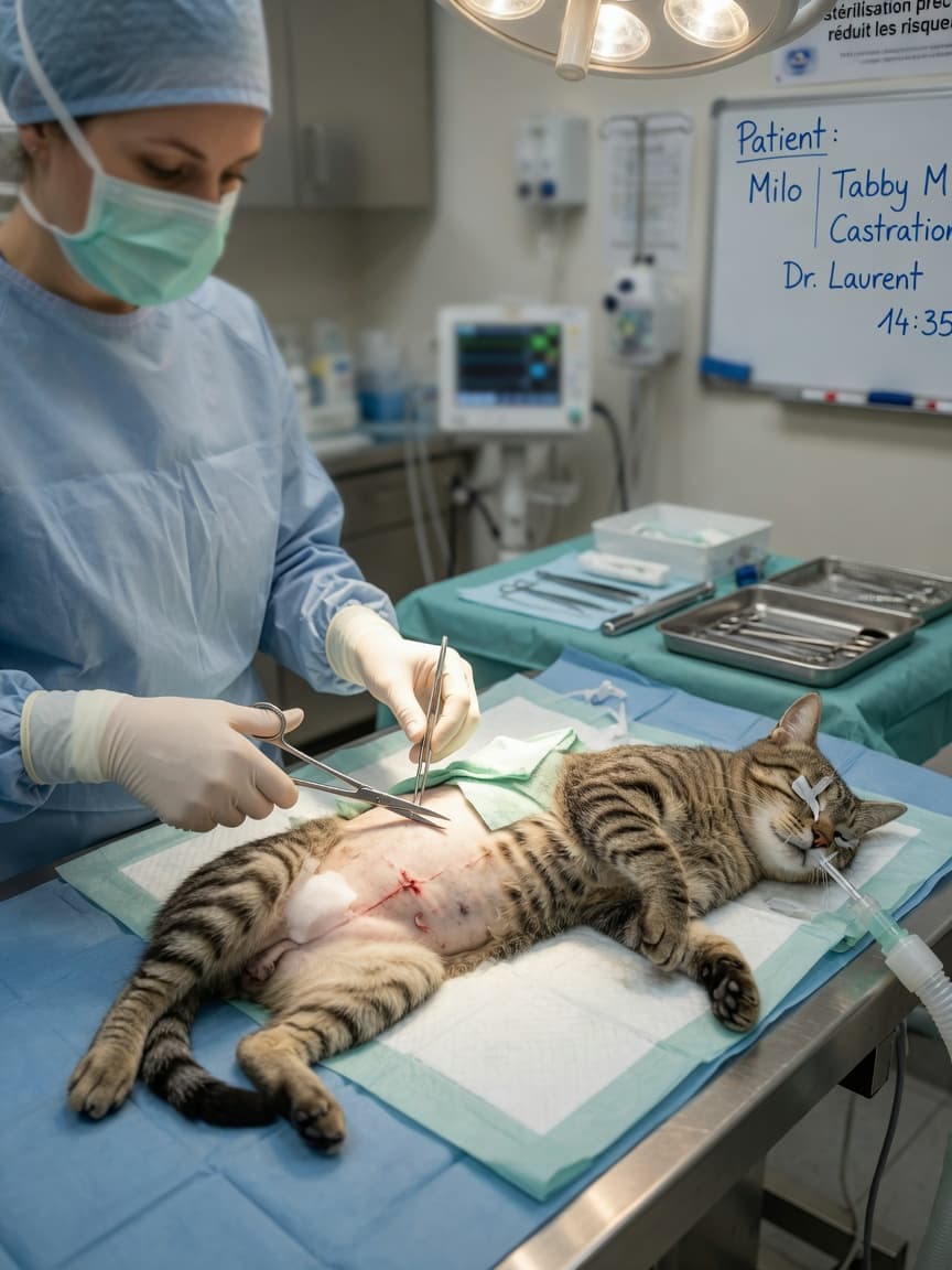 Veterinarian performing castration surgery on a male cat under surgical lighting