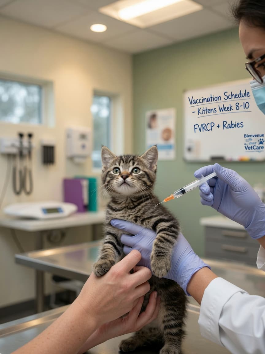 Veterinarian administering vaccine injection to young tabby kitten during health check