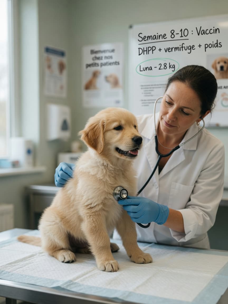 Young puppy receiving first veterinary health examination from vet with stethoscope in bright clinic