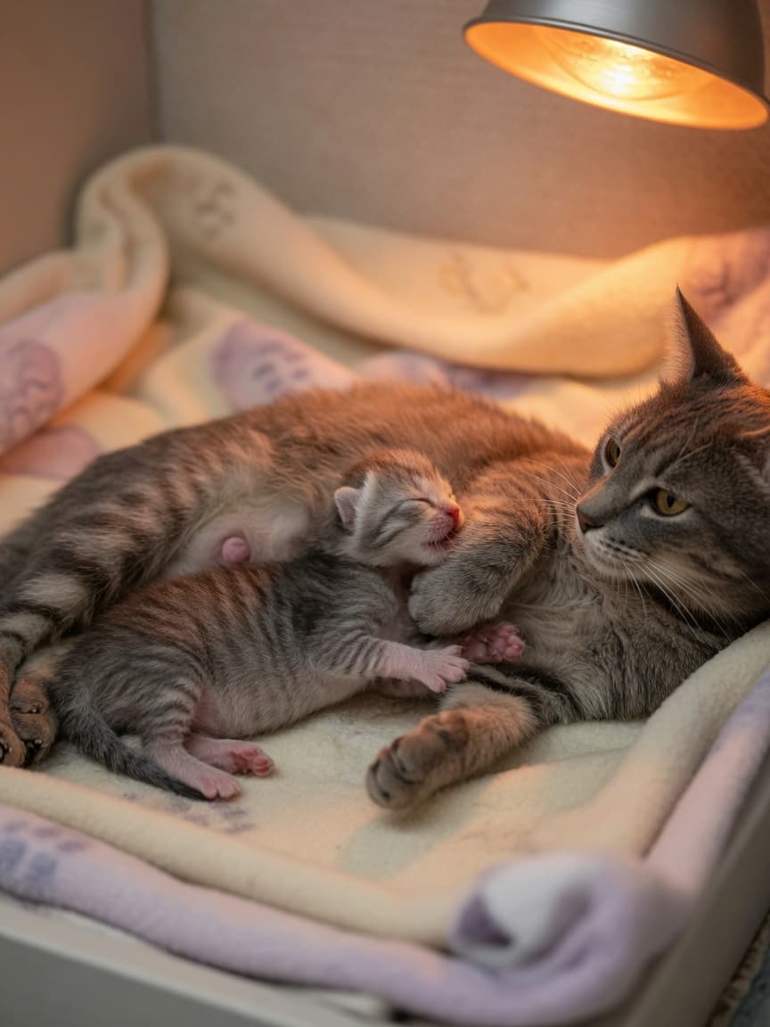 Newborn kitten nursing from mother cat under warm heat lamp in whelping box during critical first hours