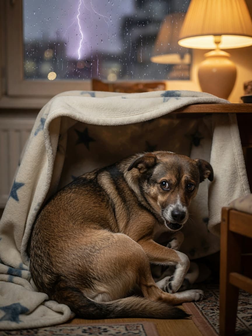 A fearful dog trembling beneath a blanket-covered table during a thunderstorm, showing signs of noise phobia and anxiety