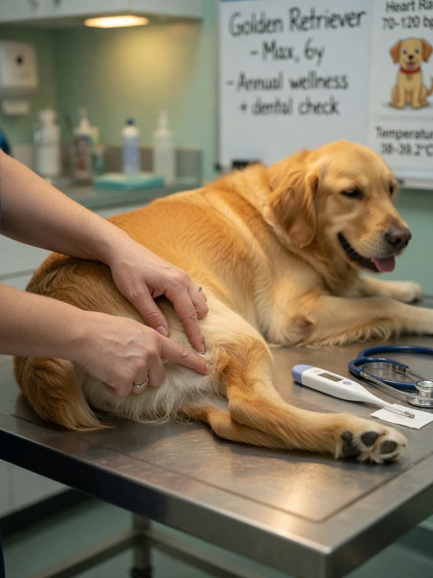 Veterinarian measuring heart rate on a golden retriever by feeling the femoral pulse during a vital signs examination