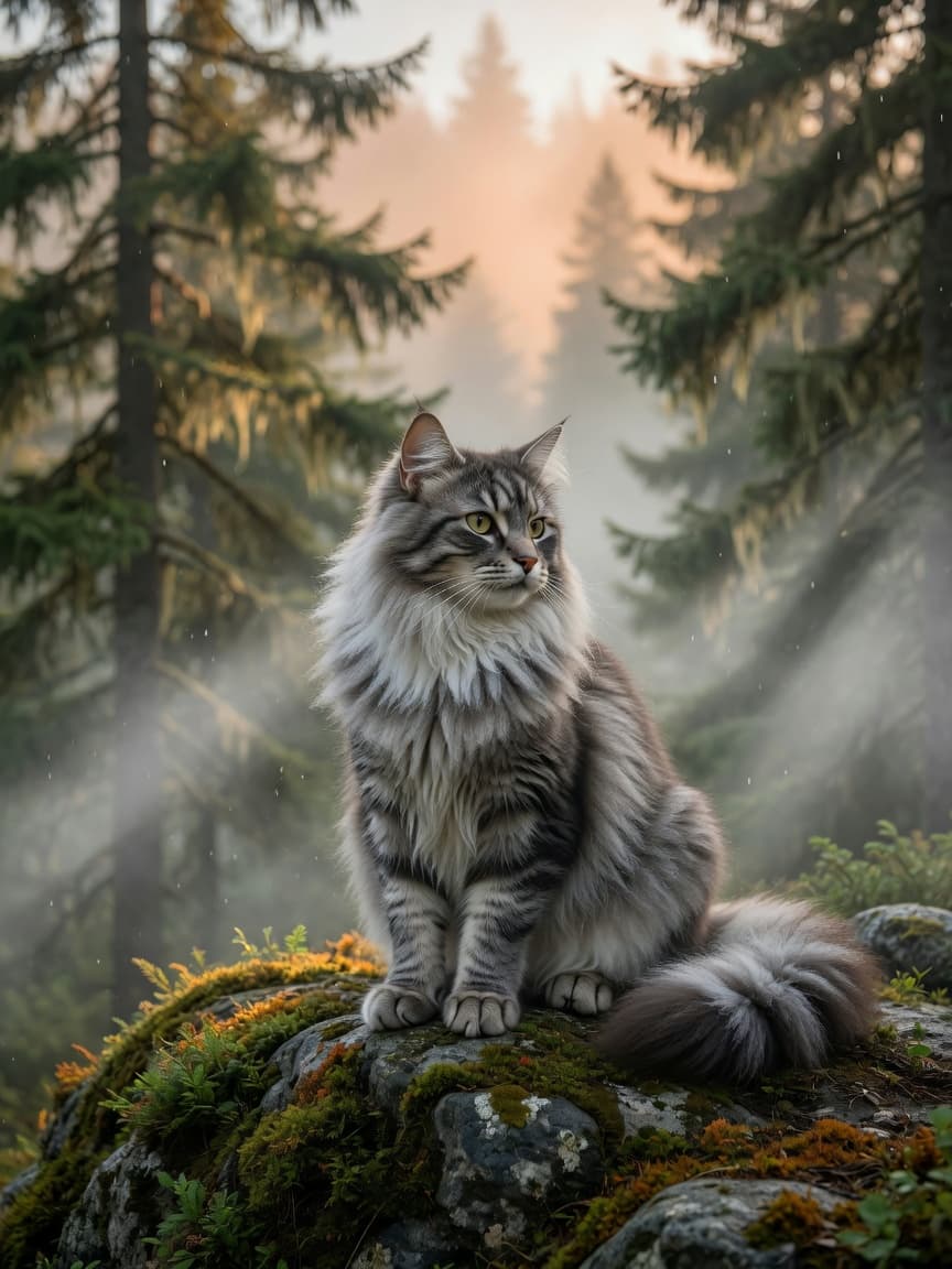 A Norwegian Forest Cat with dense double coat and bushy tail perched on a rocky forest outcrop in misty Scandinavian wilderness