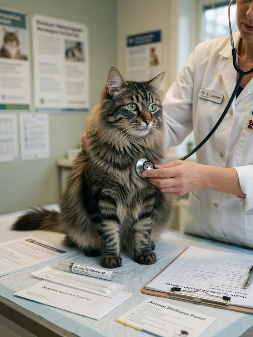 Norwegian Forest Cat at vet clinic undergoing health screening with stethoscope examination