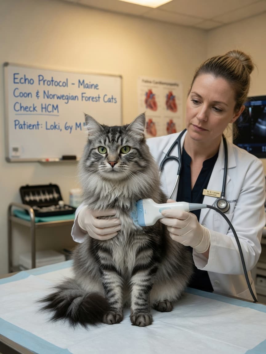 Norwegian Forest Cat undergoing echocardiogram ultrasound screening by a veterinary cardiologist