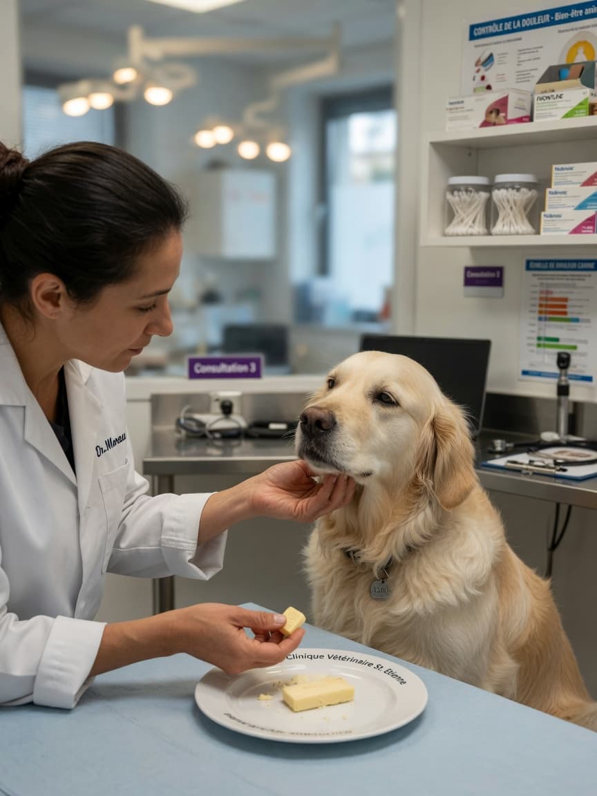Veterinarian administering an NSAID tablet to a Golden Retriever during a clinic visit